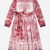 Long majolica-print chiffon dress
