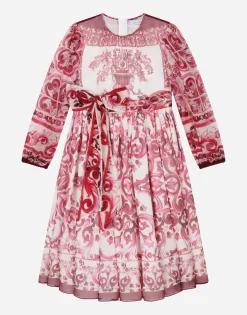 Long majolica-print chiffon dress