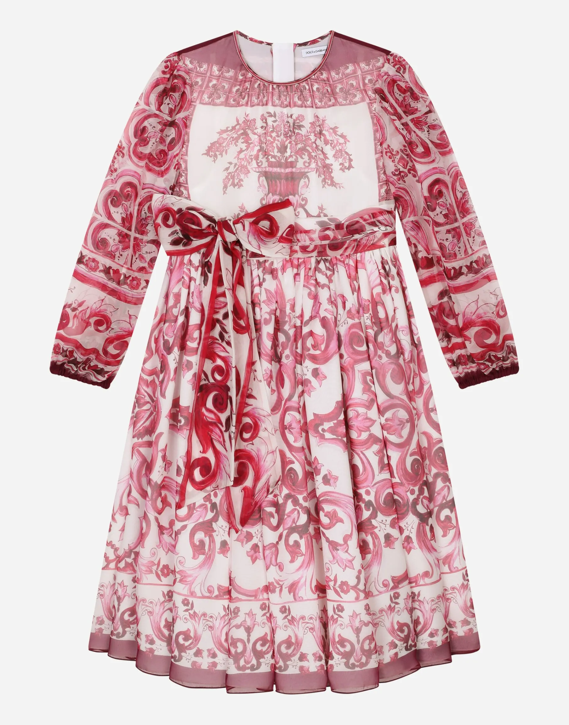 Long majolica-print chiffon dress