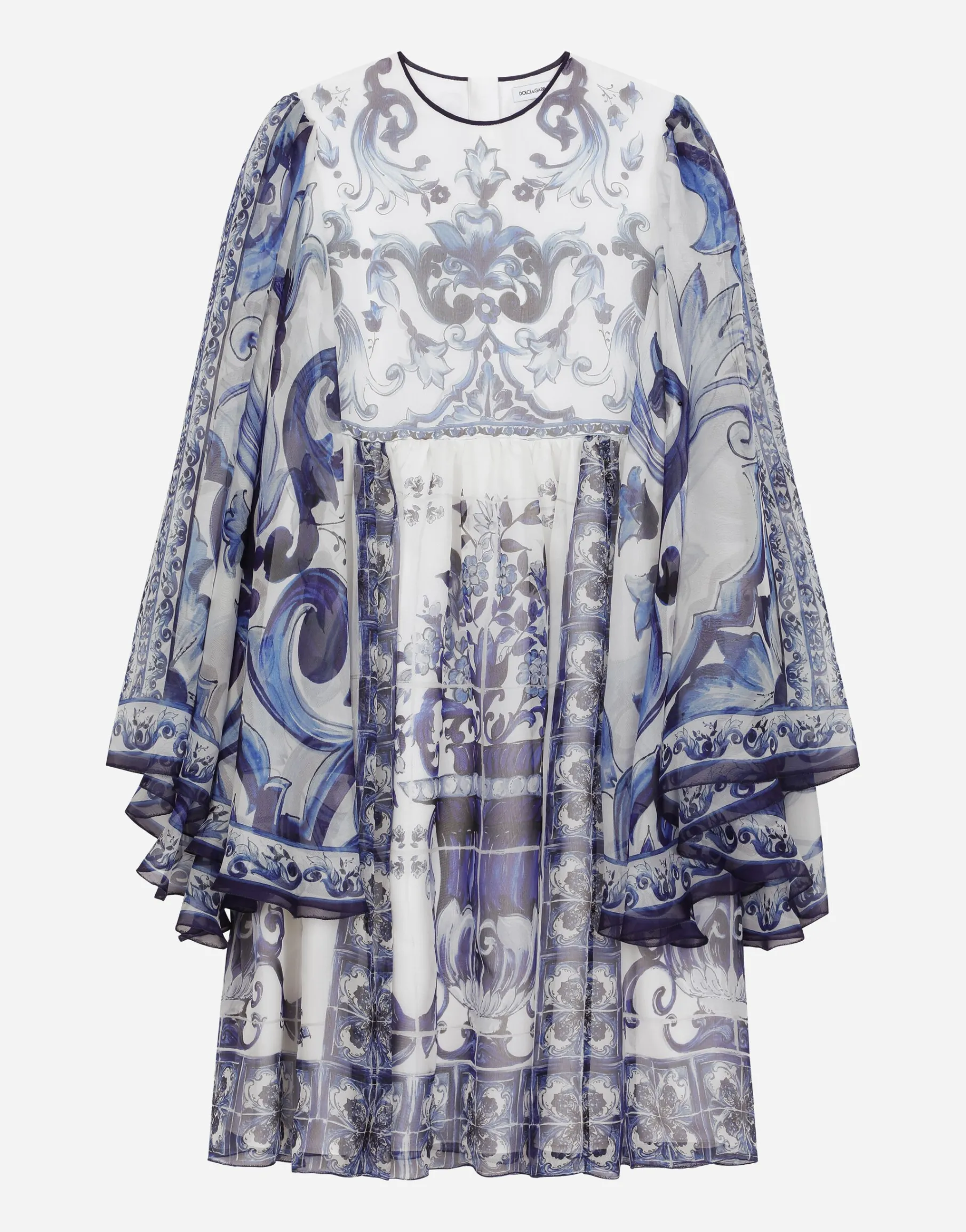 Long majolica-print chiffon dress
