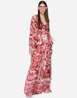 Long Majolica-print chiffon dress