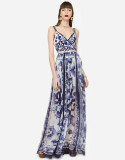 Long majolica-print chiffon dress