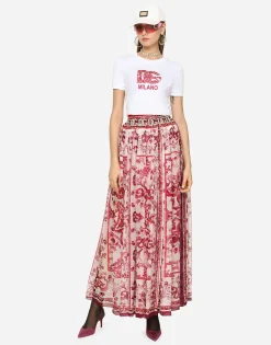 Long Majolica-print chiffon skirt