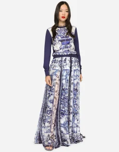 Long majolica-print chiffon skirt