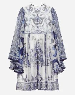 Long majolica-print chiffon dress