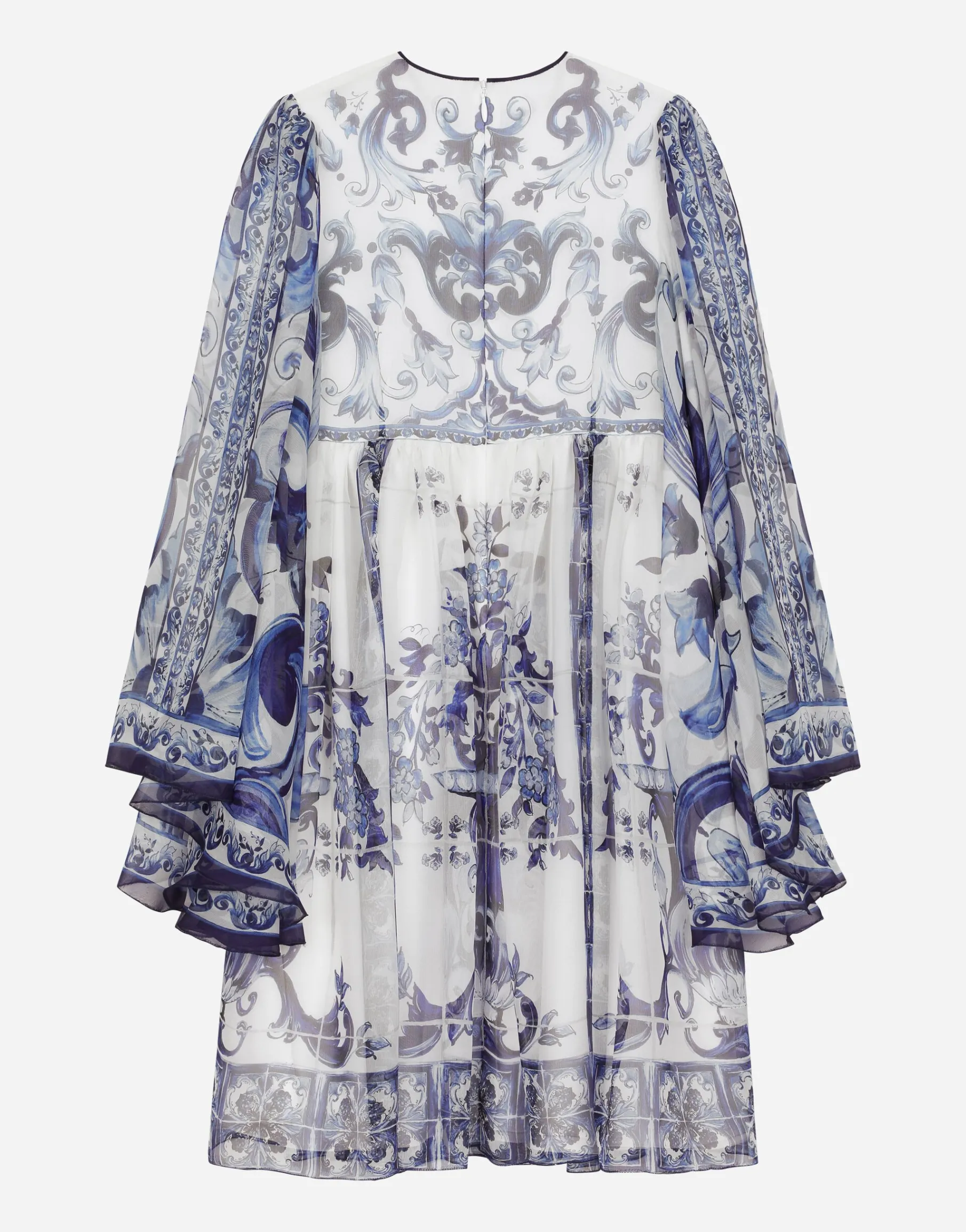 Long majolica-print chiffon dress