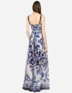 Long majolica-print chiffon dress