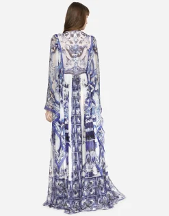 Long majolica-print chiffon dress