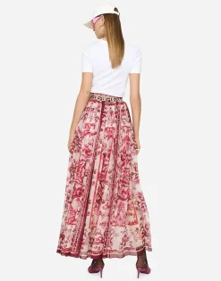 Long Majolica-print chiffon skirt