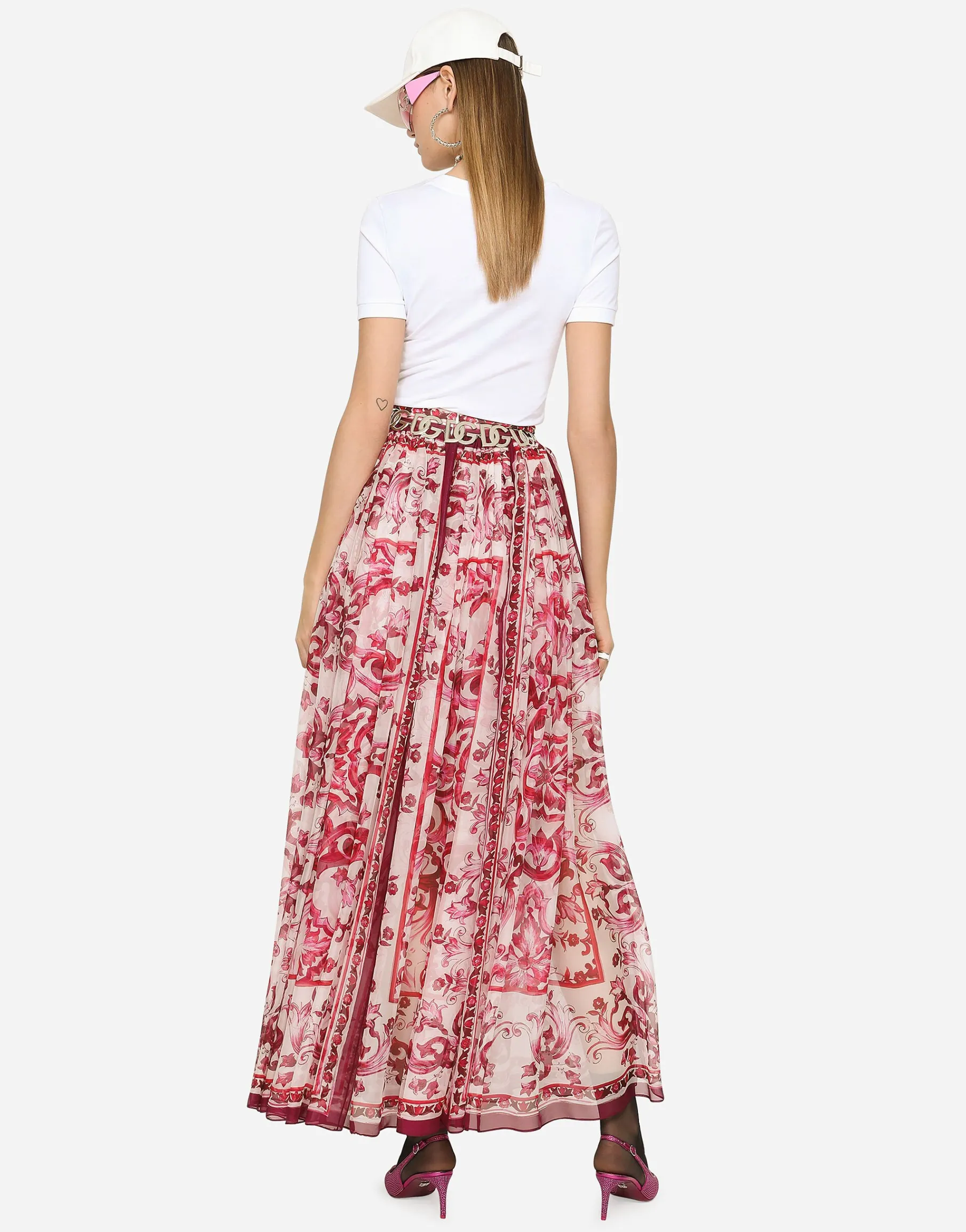 Long Majolica-print chiffon skirt
