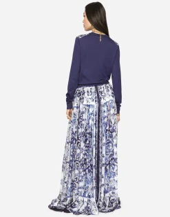 Long majolica-print chiffon skirt