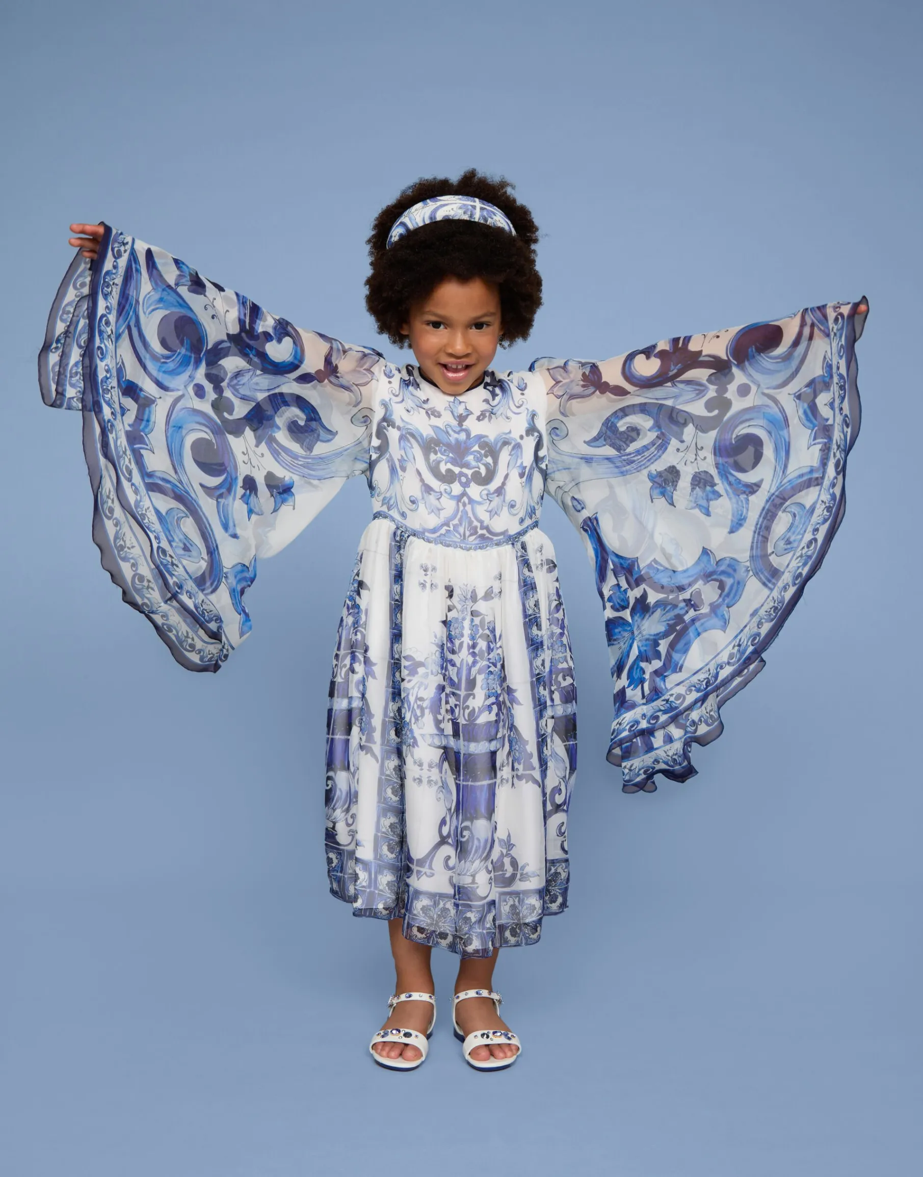 Long majolica-print chiffon dress