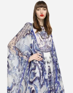 Long majolica-print chiffon dress
