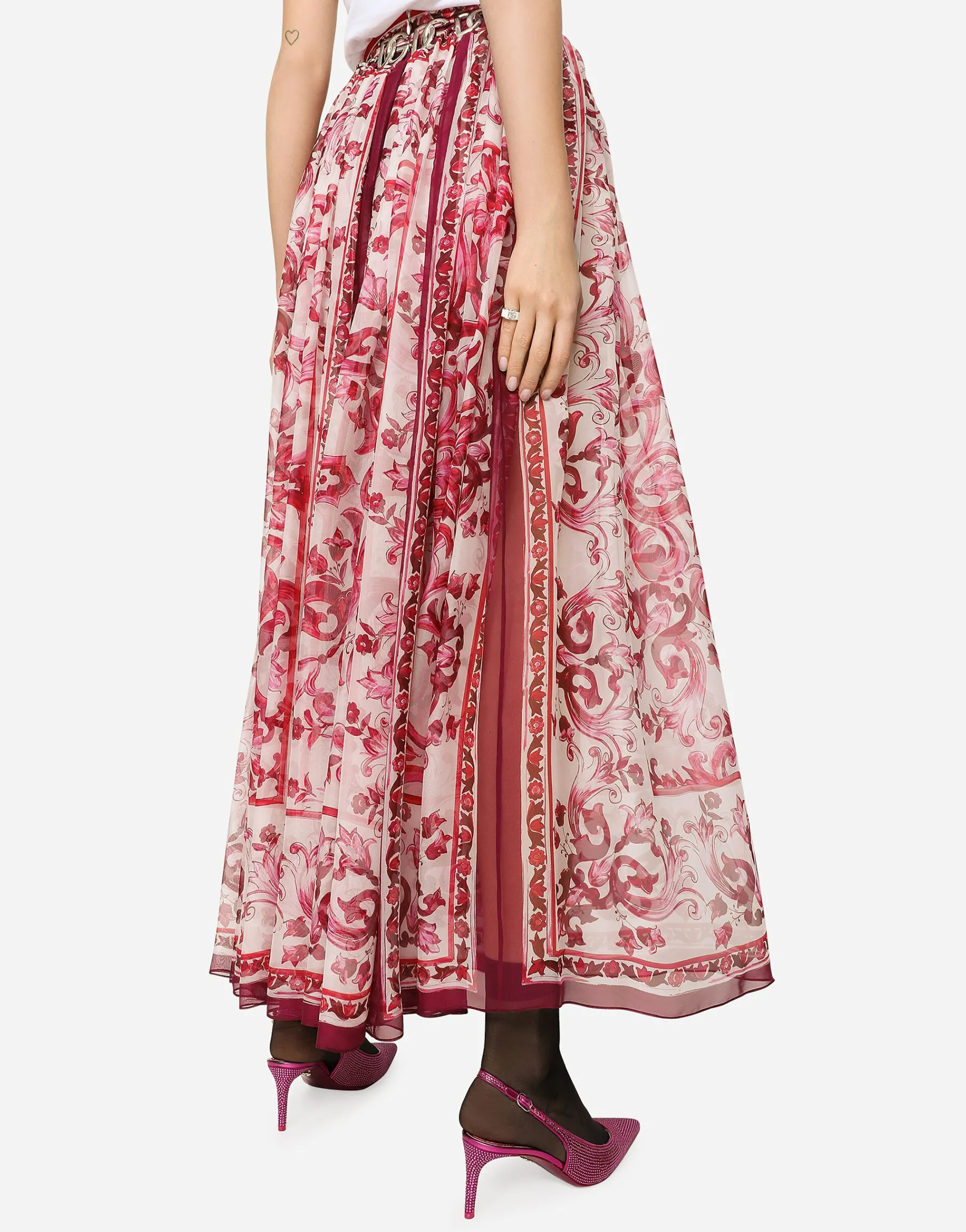 Long Majolica-print chiffon skirt