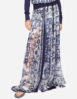 Long majolica-print chiffon skirt