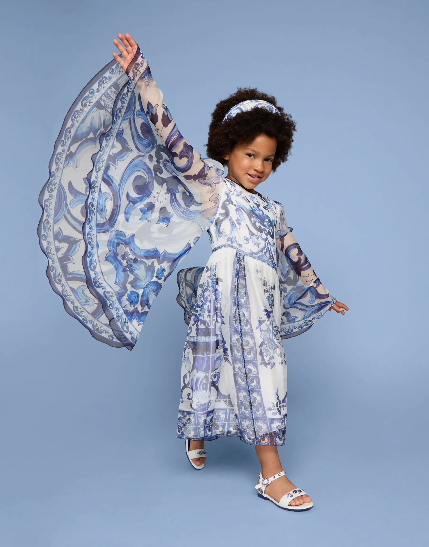 Long majolica-print chiffon dress