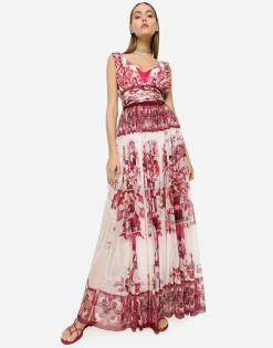 Long Majolica-print chiffon dress