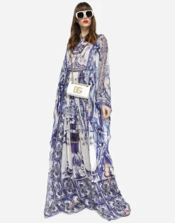 Long majolica-print chiffon dress