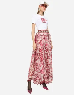 Long Majolica-print chiffon skirt