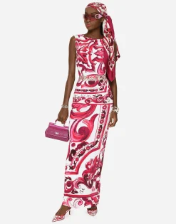 Long Majolica-print organzine dress