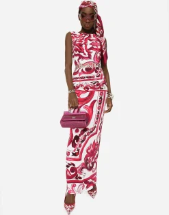 Long Majolica-print organzine dress