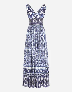 Long majolica-print poplin dress