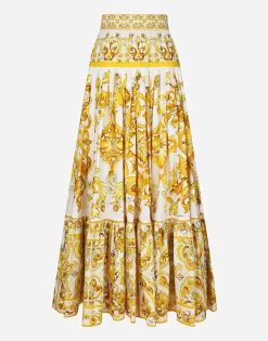 Long majolica-print poplin skirt with ruffles