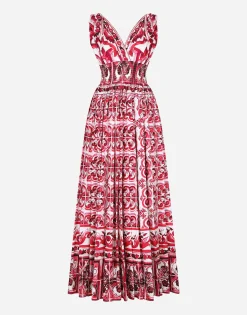 Long Majolica-print poplin dress