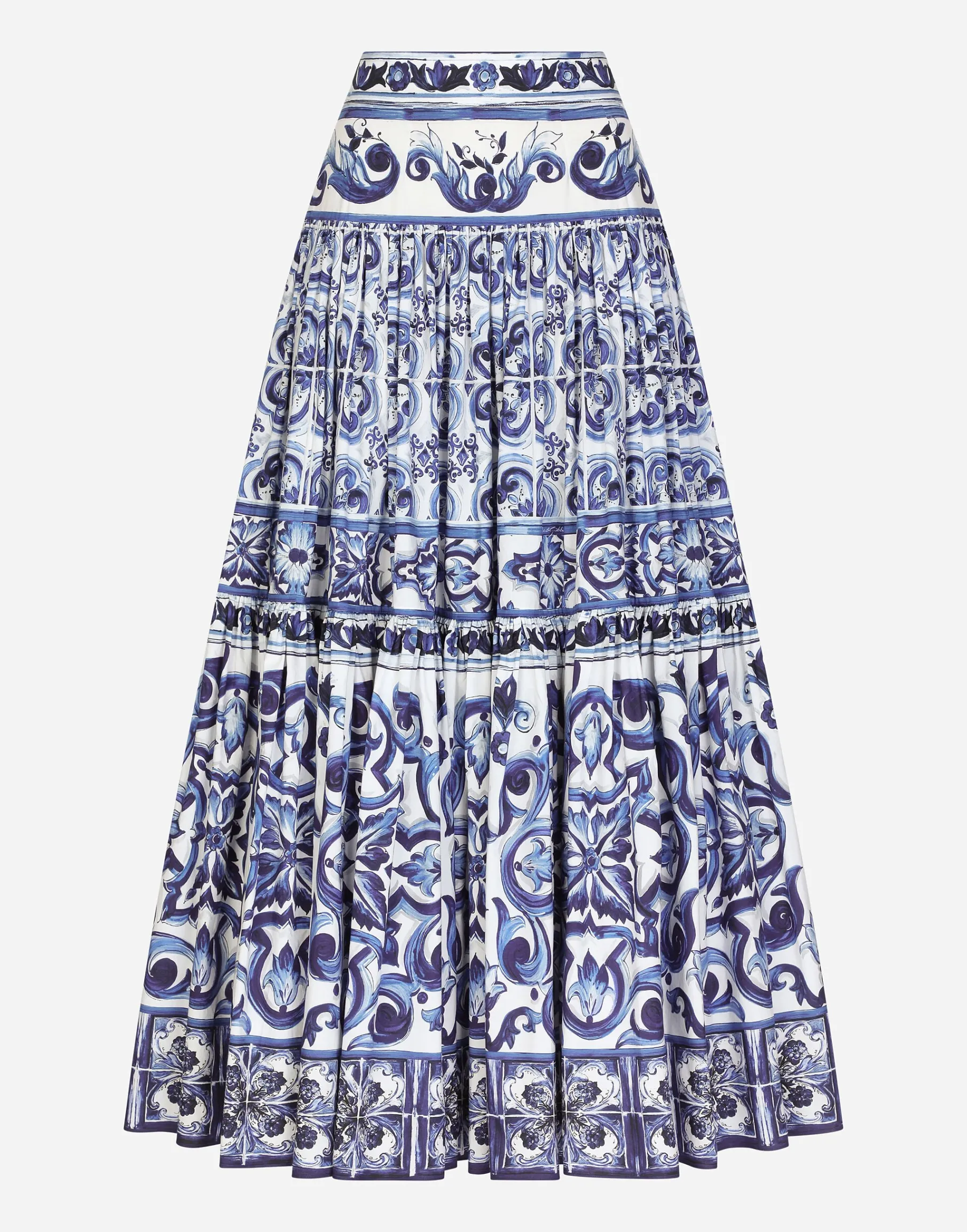 Long majolica-print poplin skirt