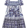 Long majolica-print poplin dress