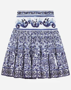 Long majolica-print poplin skirt