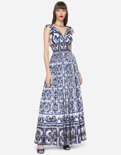 Long majolica-print poplin dress