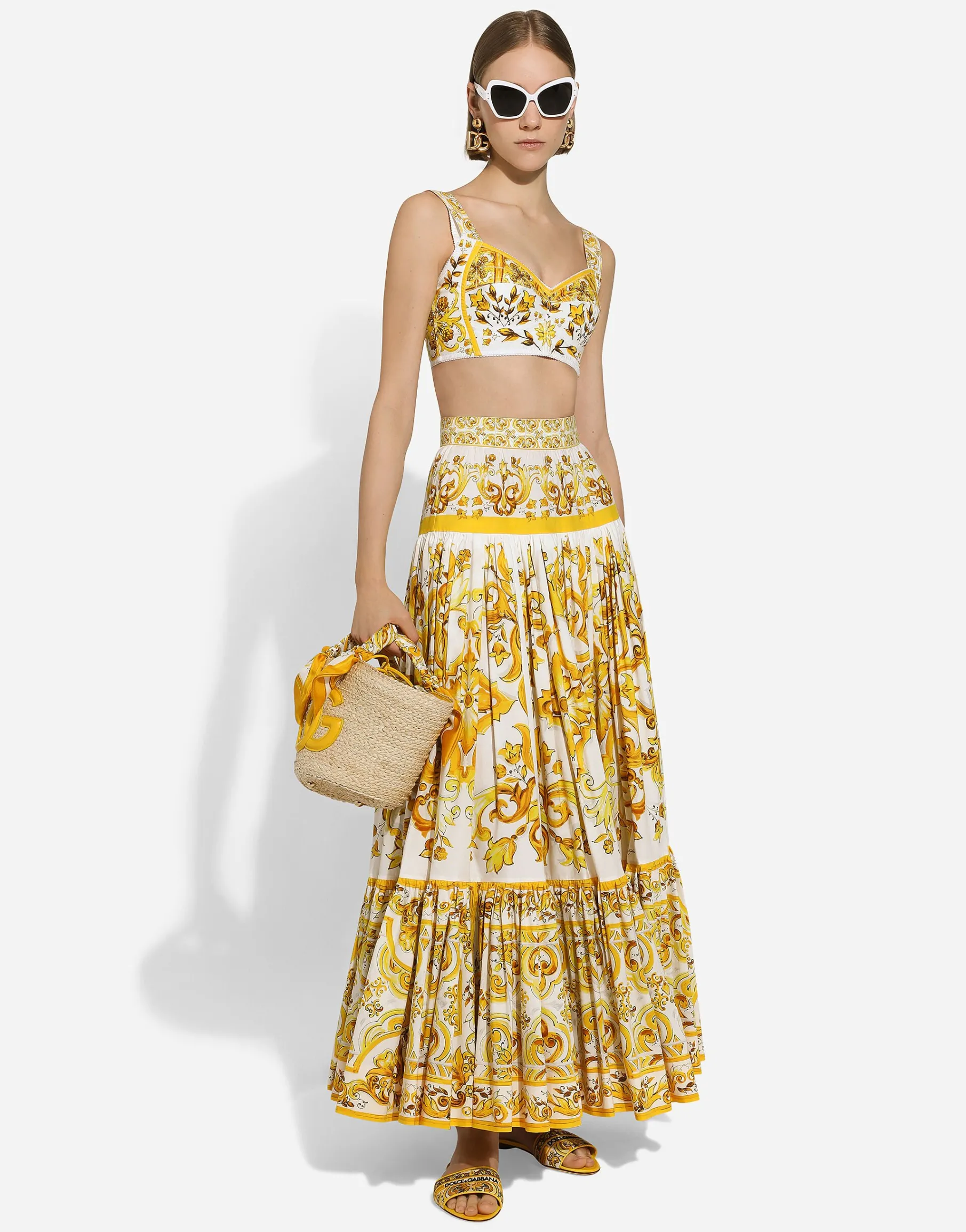 Long majolica-print poplin skirt with ruffles