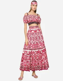 Long Majolica-print poplin skirt