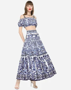 Long majolica-print poplin skirt