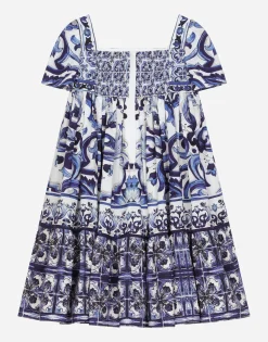 Long majolica-print poplin dress