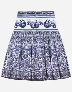 Long majolica-print poplin skirt