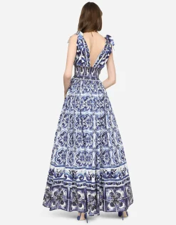 Long majolica-print poplin dress