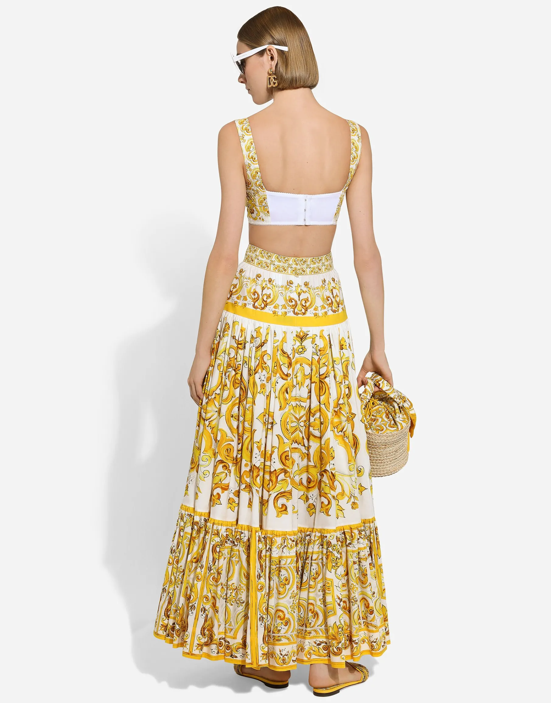 Long majolica-print poplin skirt with ruffles