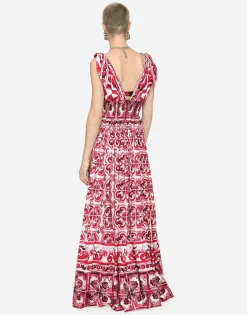 Long Majolica-print poplin dress