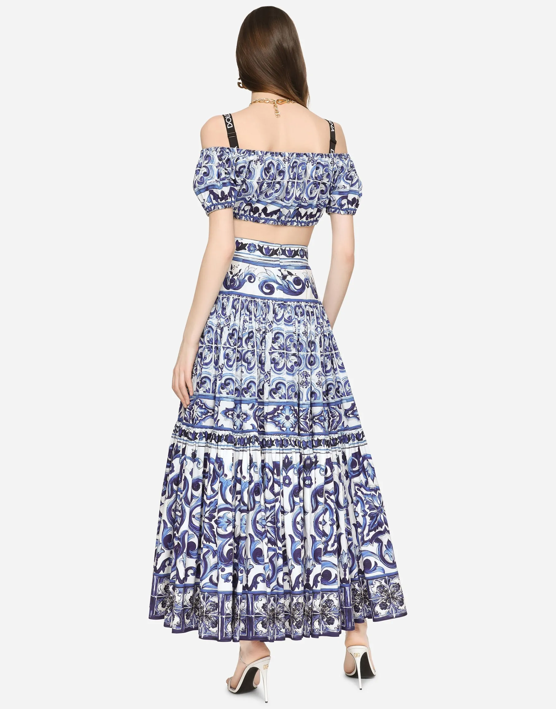 Long majolica-print poplin skirt
