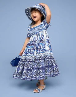 Long majolica-print poplin dress