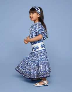 Long majolica-print poplin skirt