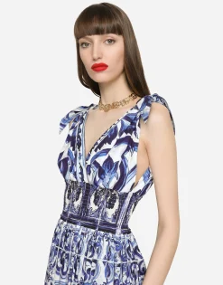 Long majolica-print poplin dress