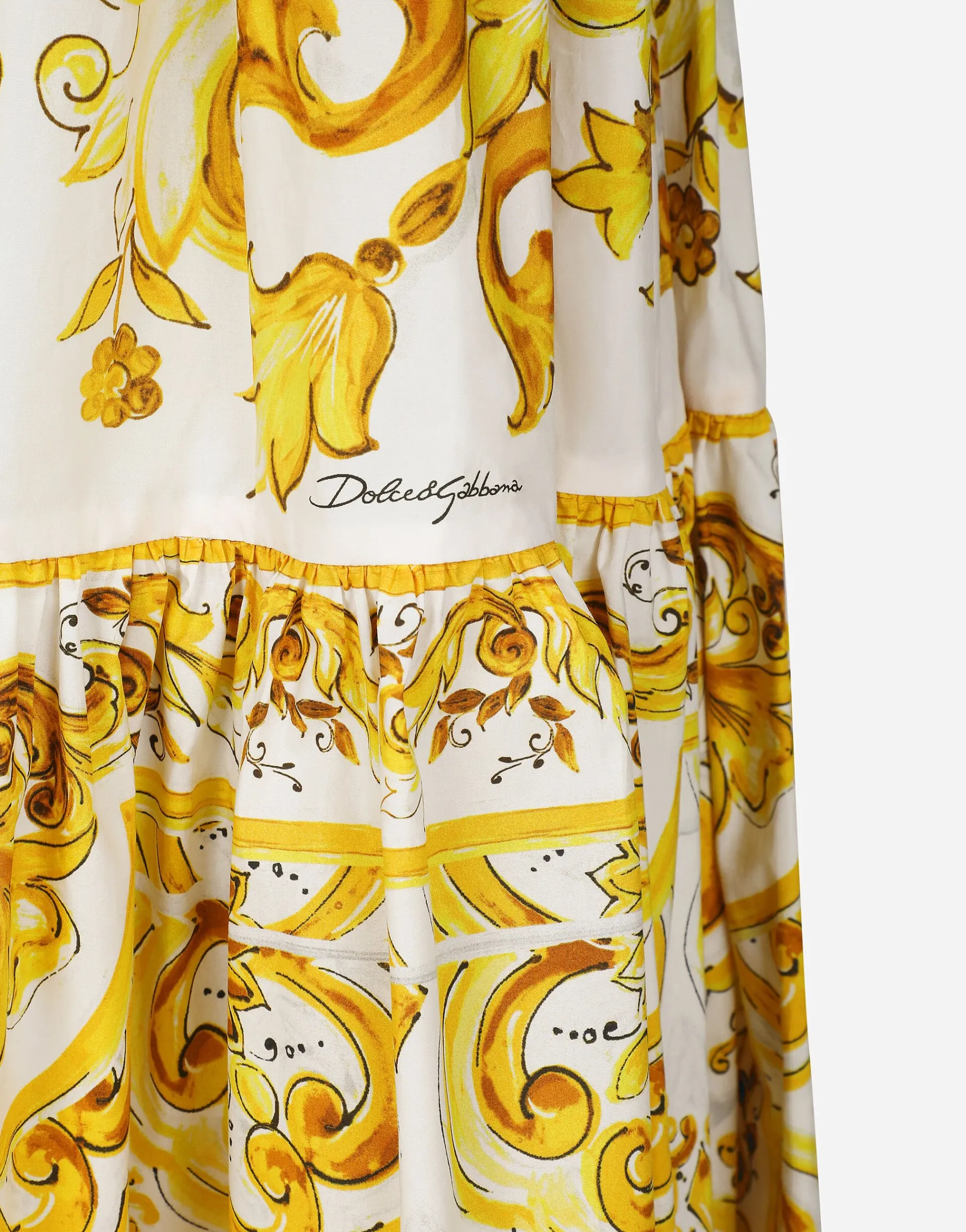 Long majolica-print poplin skirt with ruffles