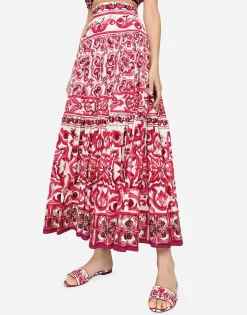 Long Majolica-print poplin skirt