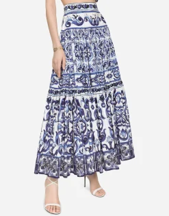 Long majolica-print poplin skirt
