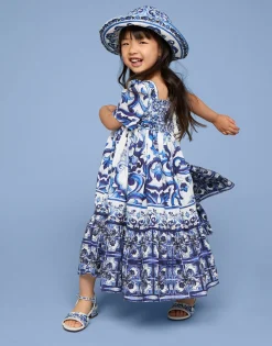Long majolica-print poplin dress