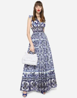 Long majolica-print poplin dress