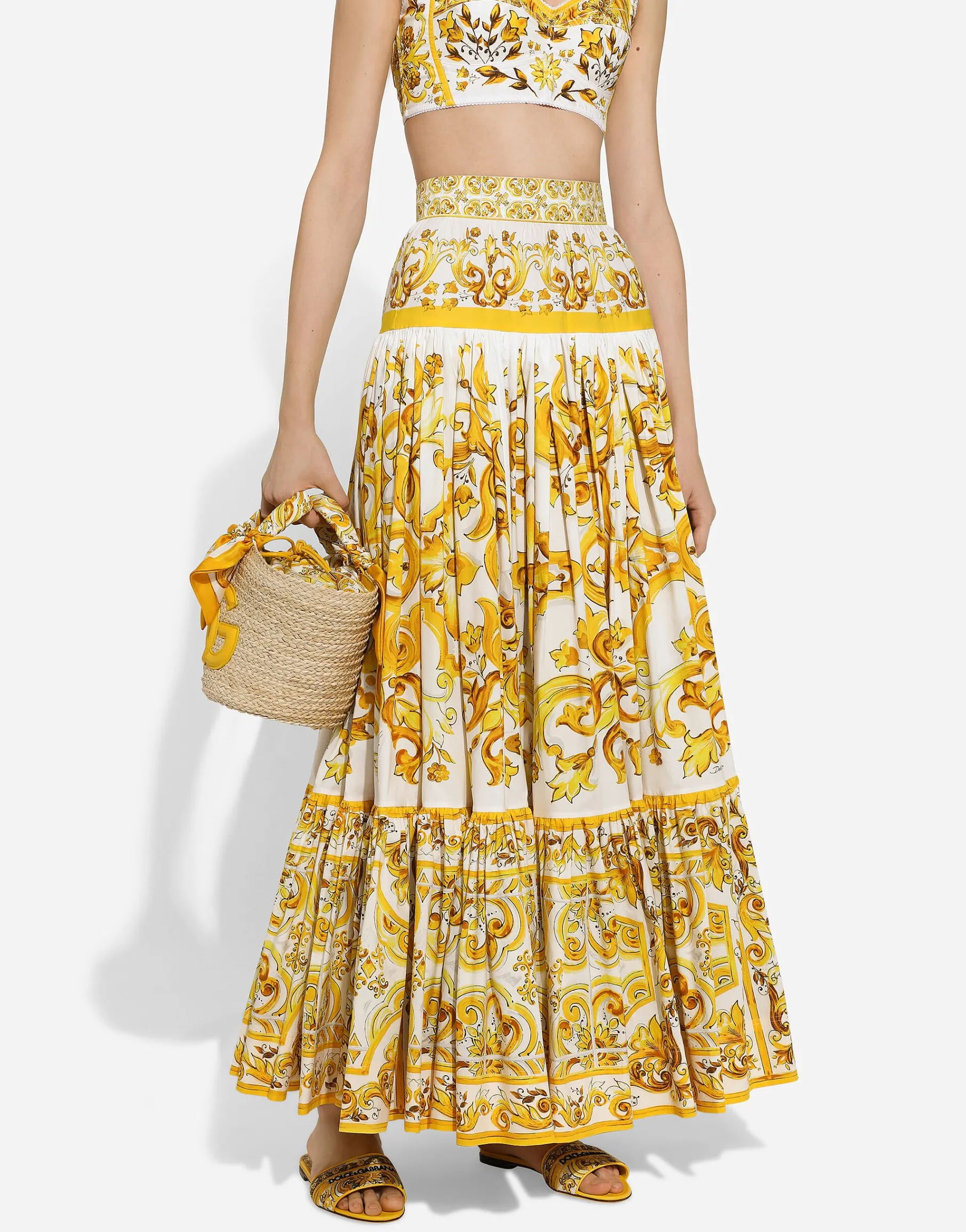 Long majolica-print poplin skirt with ruffles